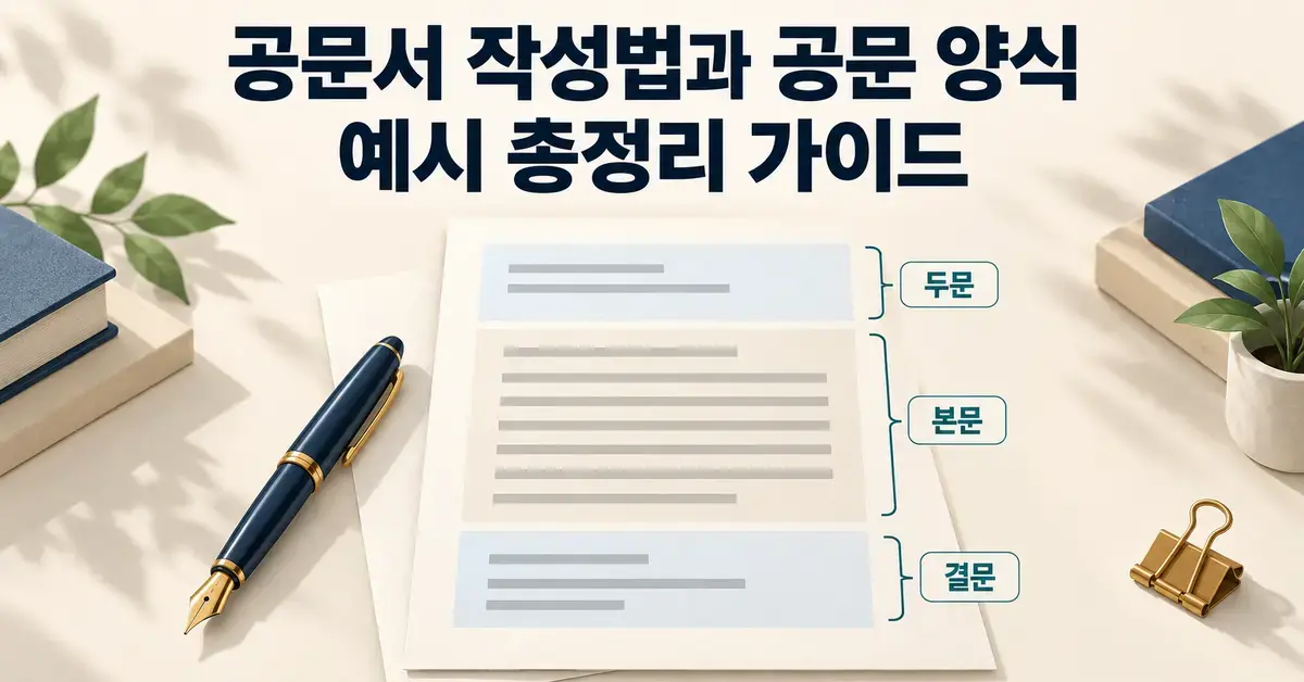 공문서 작성법과 공문 양식 예시 총정리 가이드라는 제목 아래 두문·본문·결문으로 구분된 문서와 만년필을 배치한 이미지.